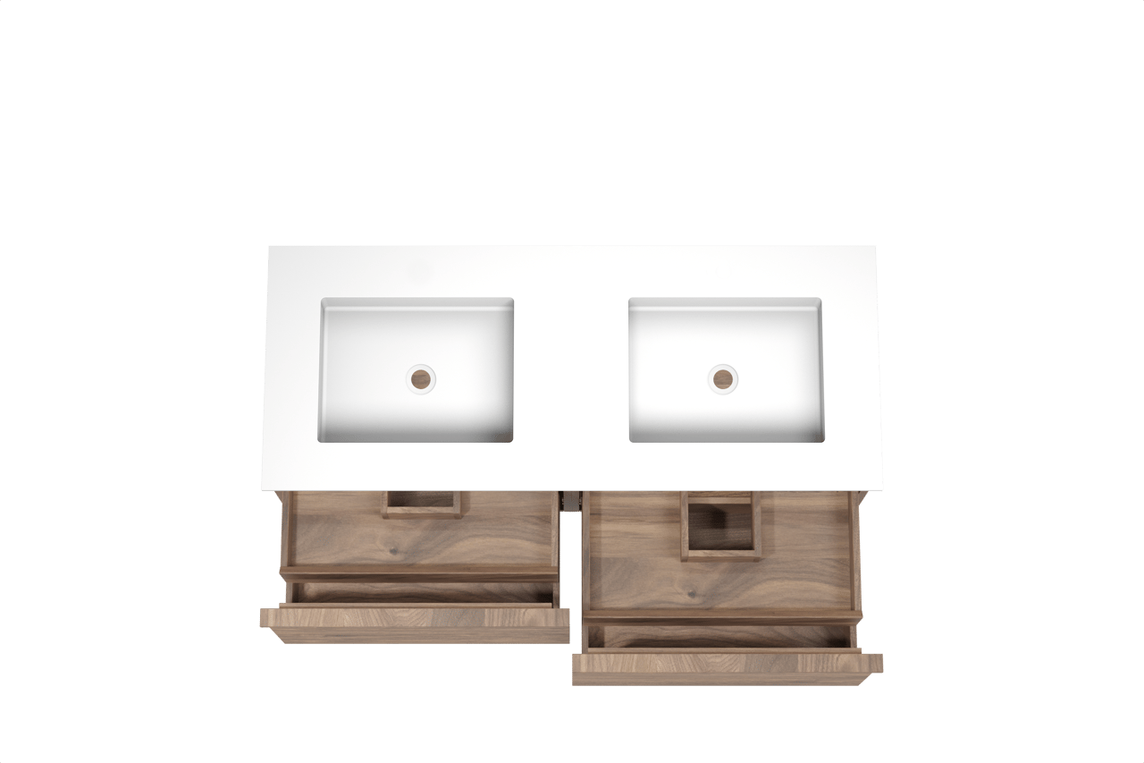 Balmani Forma meuble salle de bains suspendu 135 x 55 cm noyer américain avec Tablo Stretto double vasque en solid surface blanc mat, Nervure droite symétrique horizontale