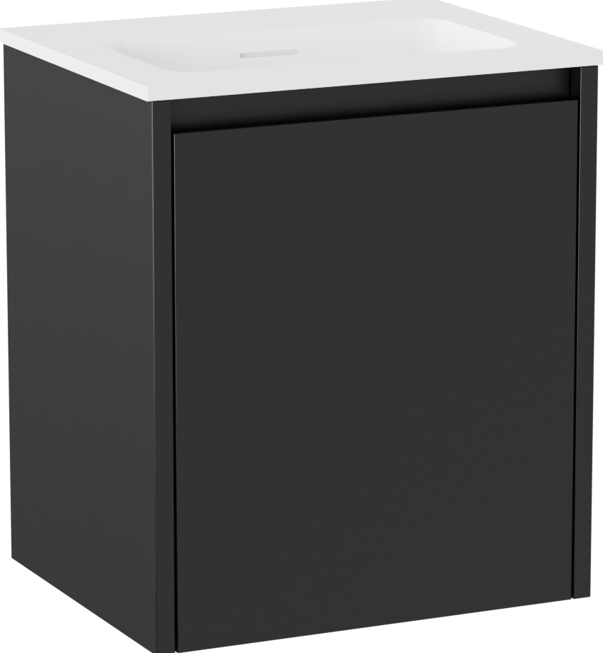 Storke Seda zwevend badkamermeubel 45 x 35 cm mat zwart met Mata enkele wastafel in Solid Surface mat wit