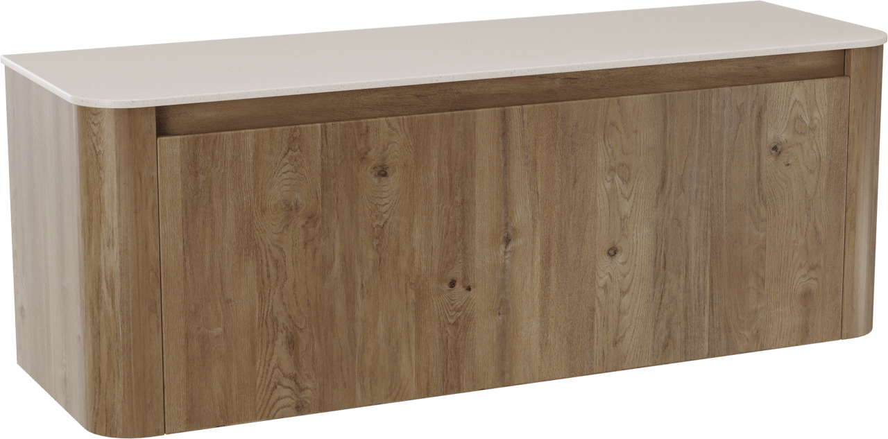 Storke Soft hängendes Möbelstück Set: 140 x 46 cm, Eiche rau, mit Tavola Soft Einzel- oder Doppel Waschtischplatte Solid Surface Beige Granit