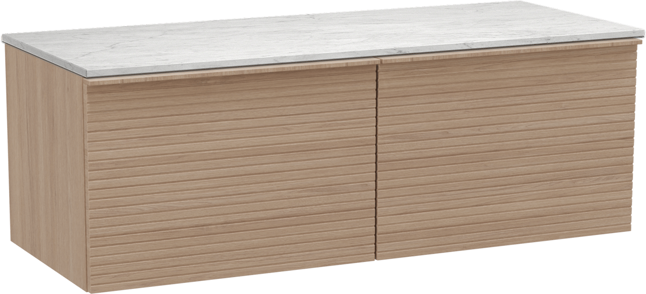 Balmani Forma hängendes Möbelstück Set: 135 x 55 cm, Naturbelassene Eiche, mit Stretto Einzel- oder Doppel Waschtischplatte, Marmor, Carrara, Horizontale symmetrische gerade Rippe