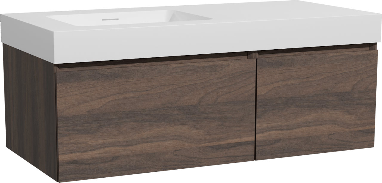 Storke Edge hängendes Möbelstück Set: 110 x 52 cm, Nussbaum, mit Mata High Waschtisch links, Solid Surface Weiß matt