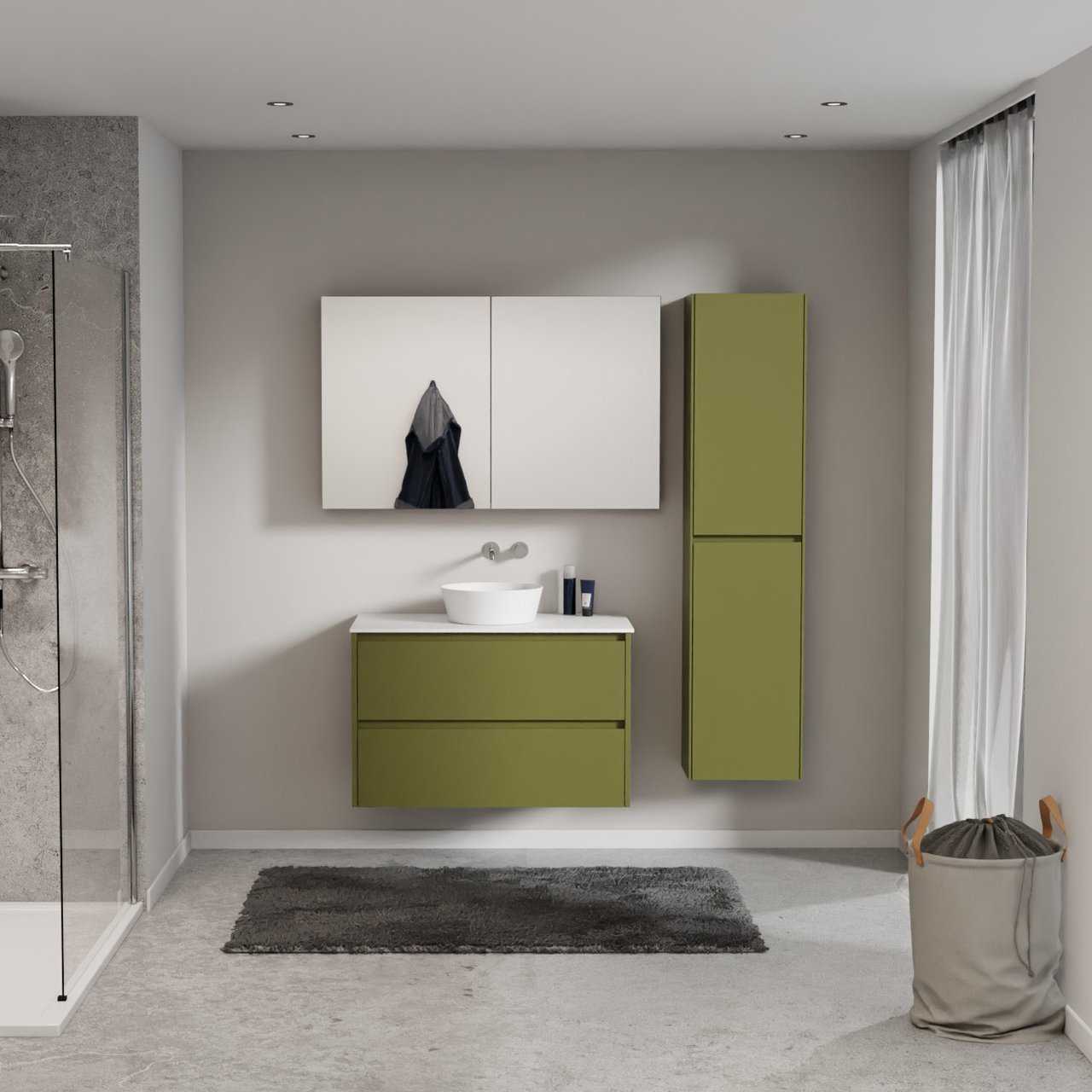 Storke Seda zwevend badmeubel 95 x 52 cm olijfgroen met Tavola enkel wastafelblad in solid surface mat wit