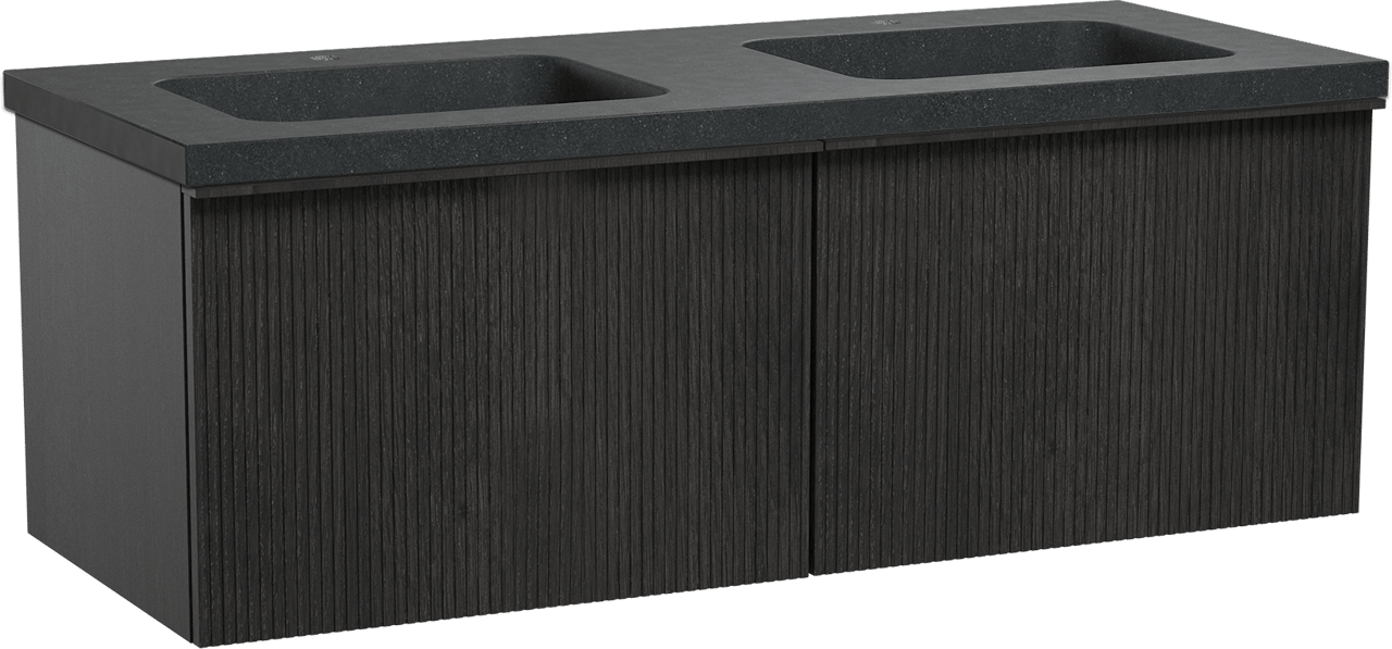 Balmani Forma zwevend badkamermeubel 135 x 55 cm zwarte eik met Napoli dubbele wastafel in graniet zwart, Verticale symmetrische rechte ribbel