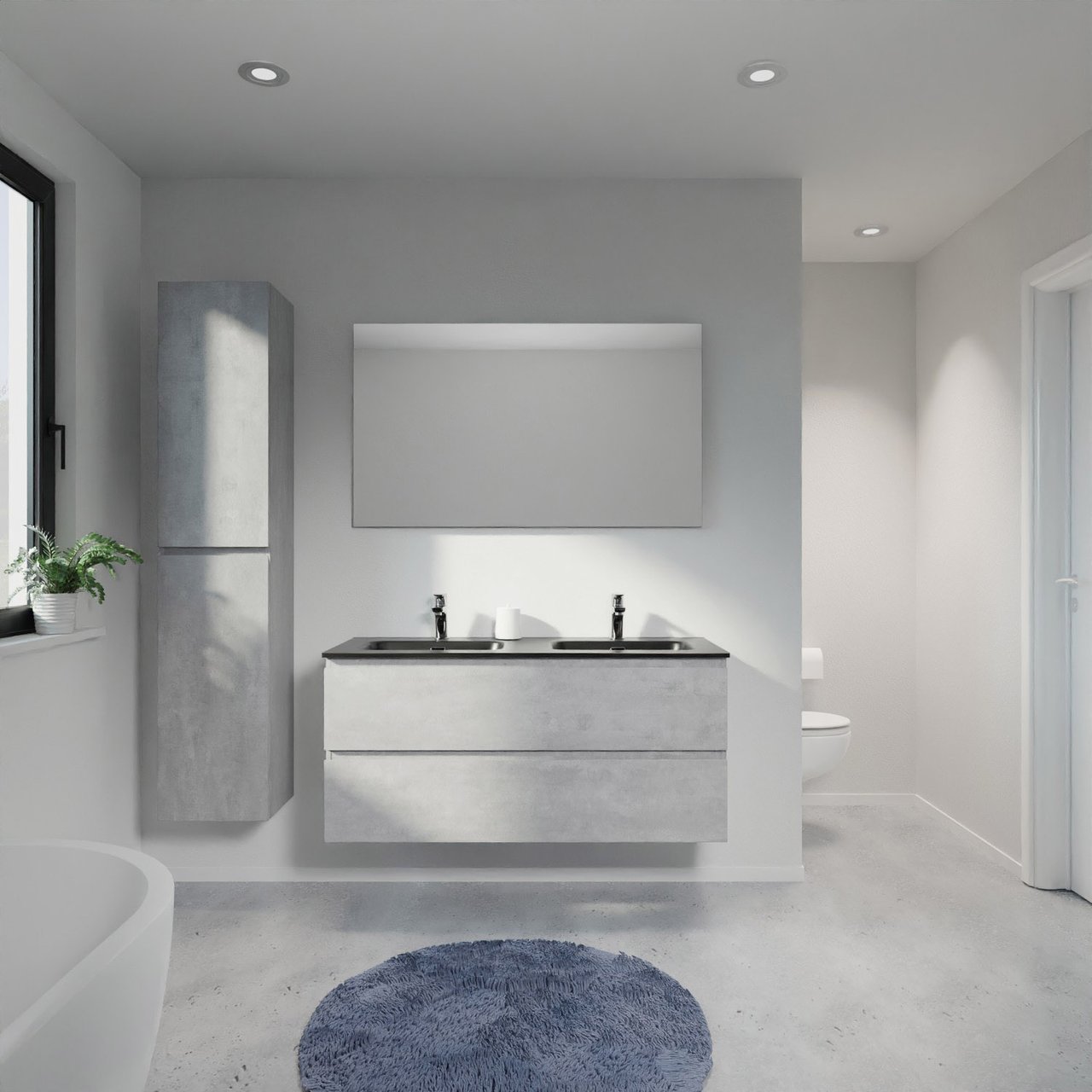 Linie Lado hängendes Möbelstück Set: 120 x 46 cm, Beton dunkelgrau, mit Baro Doppelwaschtisch, Porzellan Schwarz matt