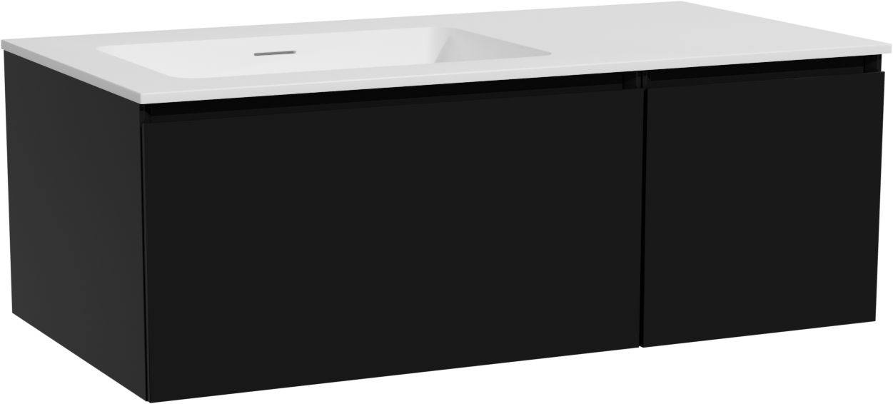 Storke Edge hängendes Möbelstück Set: 100 x 52 cm, Schwarz matt, mit Mata Waschtisch links, Solid Surface Weiß matt
