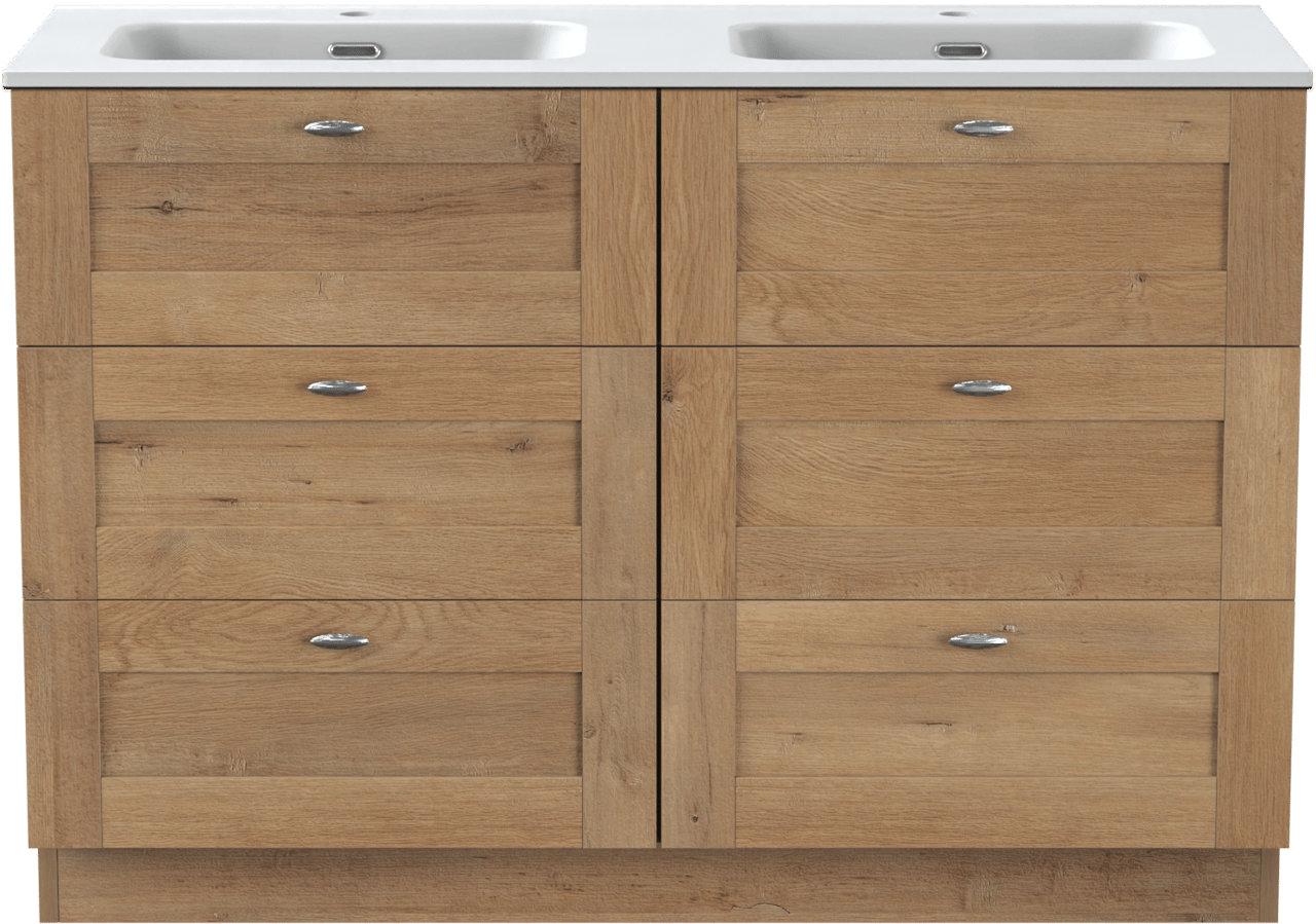 Linie Classo freistehendes Möbelstück Set: 120 x 46 cm, Naturbelassene Eiche, mit Baro Doppelwaschtisch, Porzellan Weiß matt