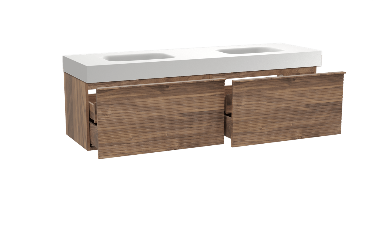 Balmani Forma zwevend badkamermeubel 180 x 55 cm amerikaanse notelaar met Arcato dubbele wastafel in solid surface mat wit, Horizontale symmetrische rechte ribbel