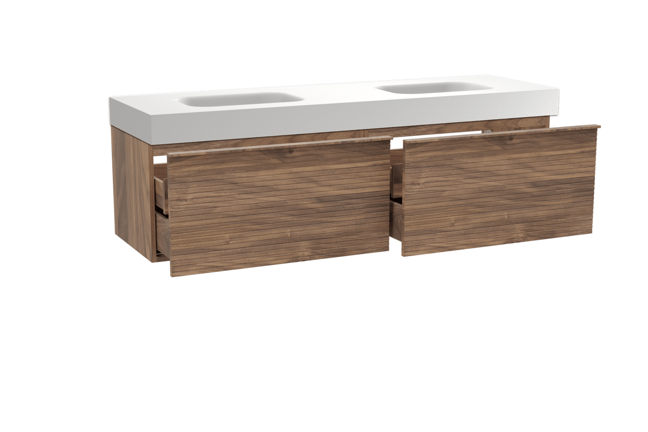 Balmani Forma meuble salle de bains suspendu 180 x 55 cm noyer américain avec Arcato double vasque en solid surface blanc mat, Nervure droite symétrique horizontale