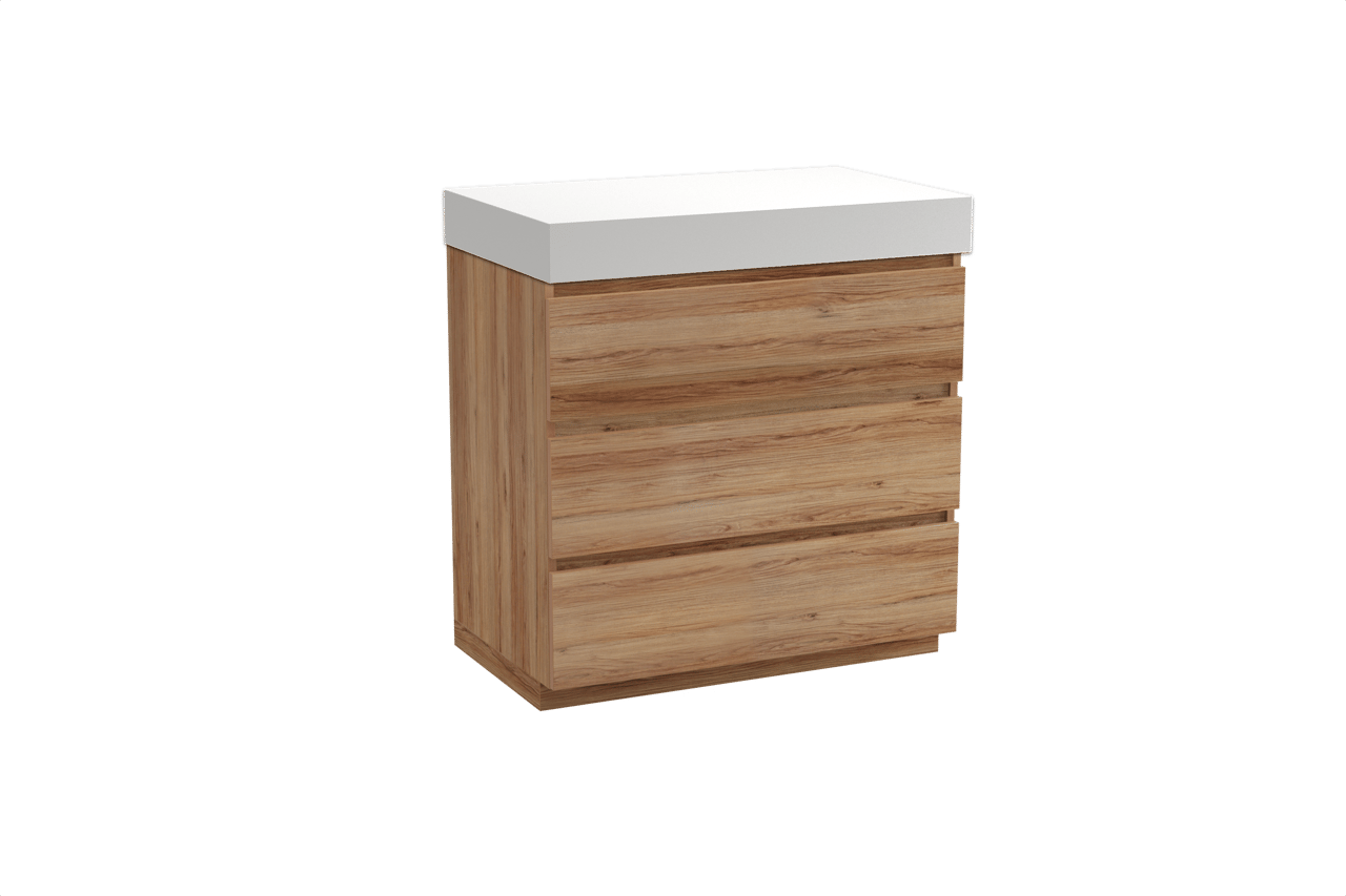 Balmani Lucida freistehendes Möbelstück Set: 90 x 55 cm, Teak, mit Dominus Einzel Waschtischplatte, Solid Surface Weiß matt