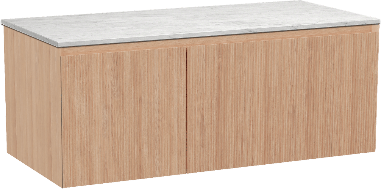 Balmani Fila zwevend badkamermeubel 120 x 55 cm natuur eik met Stretto enkel of dubbel tablet in marmer carrara, Verticale symmetrische rechte ribbel