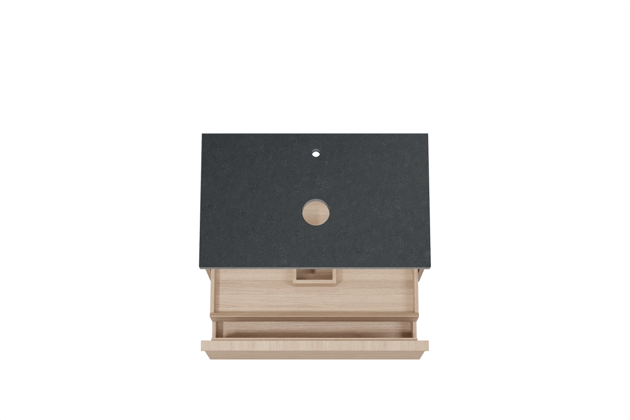 Balmani Forma hängendes Möbelstück Set: 90 x 55 cm, Naturbelassene Eiche, mit Rock Einzel Waschtischplatte, Granit, Schwarzes Granit, Horizontale symmetrische gerade Rippe