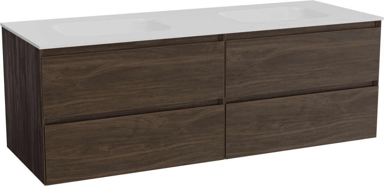 Balmani Mitra hängendes Möbelstück Set: 150 x 55 cm, Amerikanischer Nussbaum, mit Tablo Arcato Doppelwaschtisch, Solid Surface Weiß matt