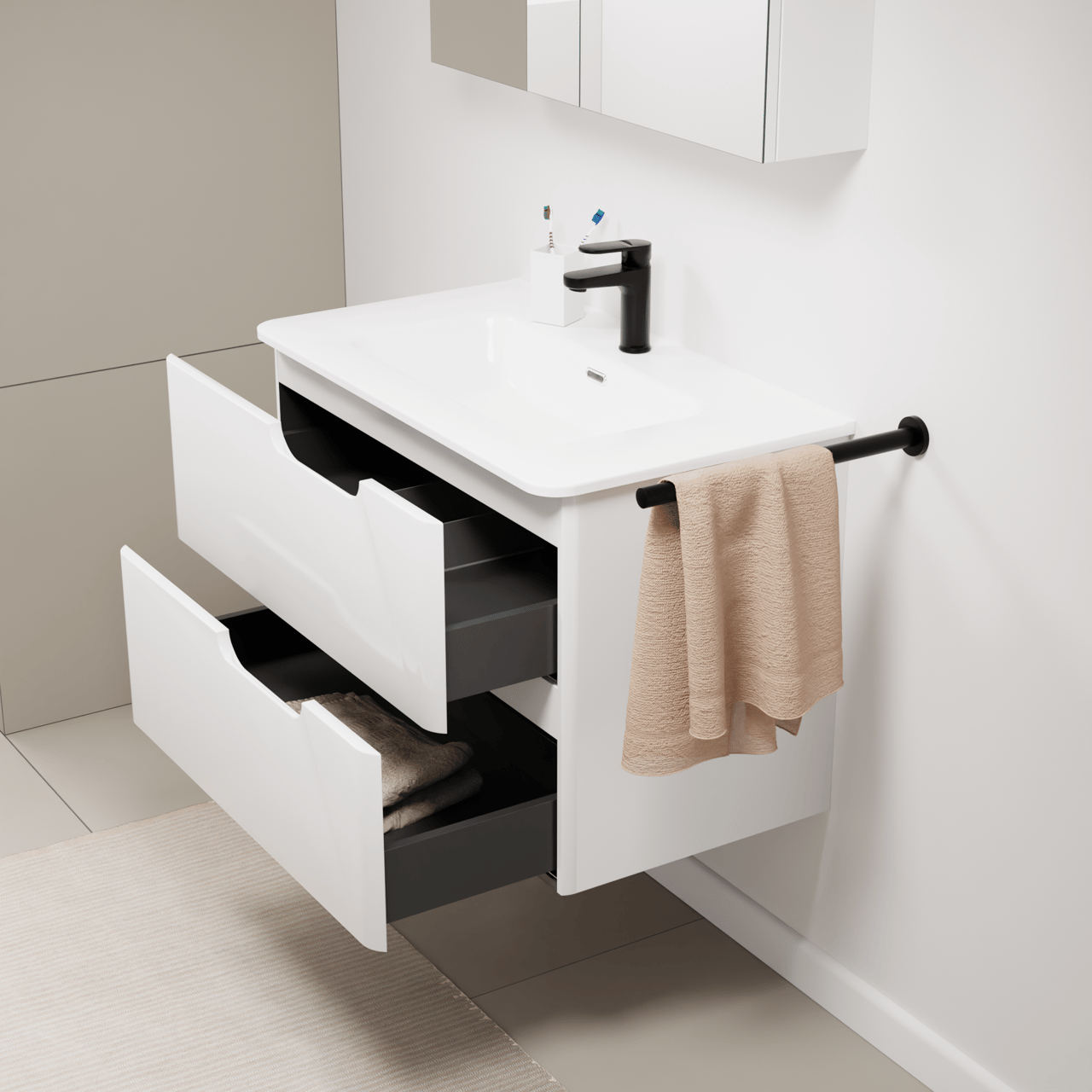 Linie Curvo hängendes Möbelstück Set: 80 x 46 cm, Weiβ glänzend, mit Baro Curvo Einzelwaschtisch Keramik Weiβ glänzend