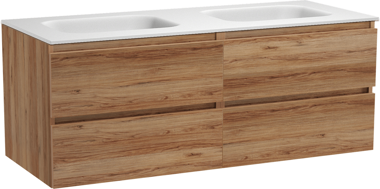 Balmani Lucida meuble salle de bains suspendu 135 x 55 cm teck avec Tablo Arcato double vasque en solid surface blanc mat