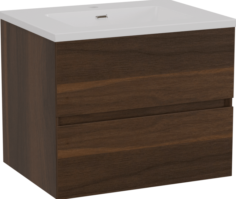 Storke Edge hängendes Möbelstück Set: 60 x 46 cm, Nussbaum, mit Diva Einzelwaschtisch, Marmorkomposit Weiß glänzend