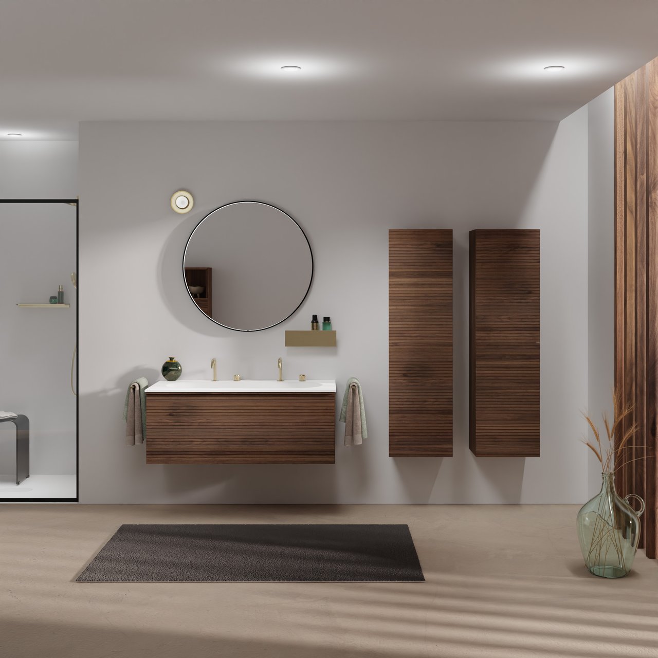 Balmani Forma zwevend badmeubel 120 x 55 cm amerikaans notenhout met Tablo Oval enkele wastafel voor 2 kraangaten in solid surface mat wit, Horizontale symmetrische rechte ribbel