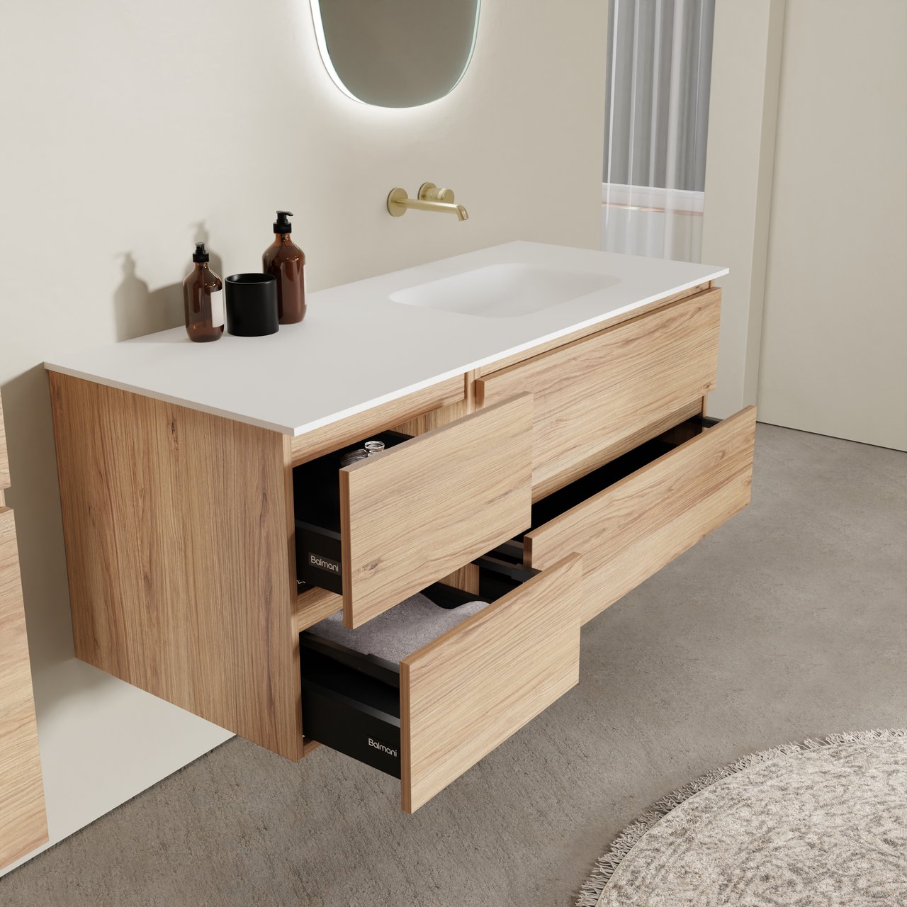 Balmani Lucida zwevend badkamermeubel 135 x 55 cm teak met Tablo Arcato asymmetrisch rechtse wastafel in solid surface mat wit