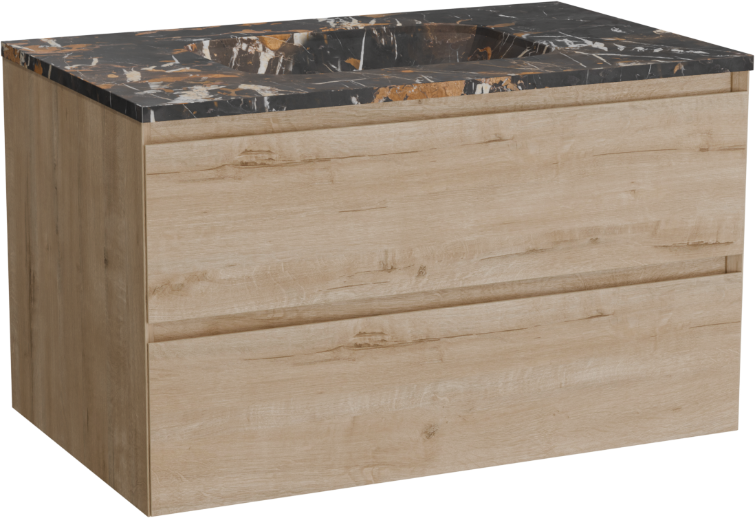 Balmani Mitra zwevend badkamermeubel 90 x 55 cm ruwe eik met Tablo Arcato enkele wastafel in marmer portoro gold