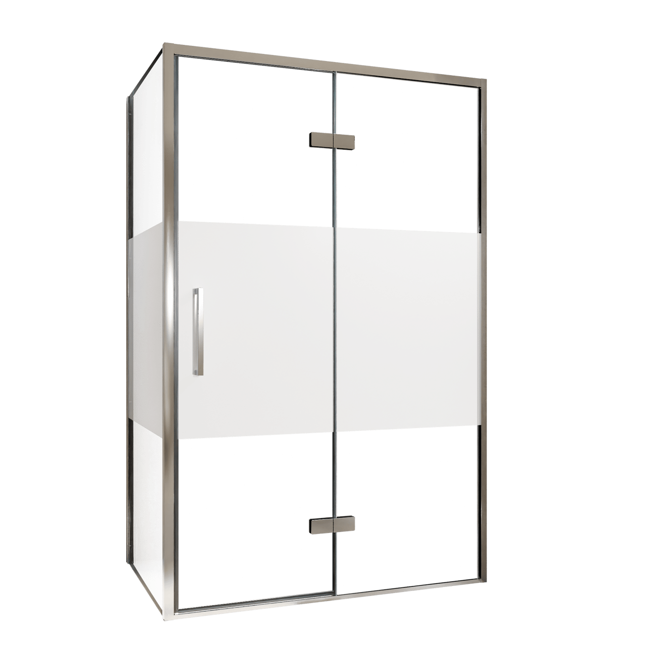 Balmani Senses Design douche d'angle avec porte pivotante à droite et paroi latérale fixe, 120 x 80 cm, Verre transparent avec bande mate, Profil chrome