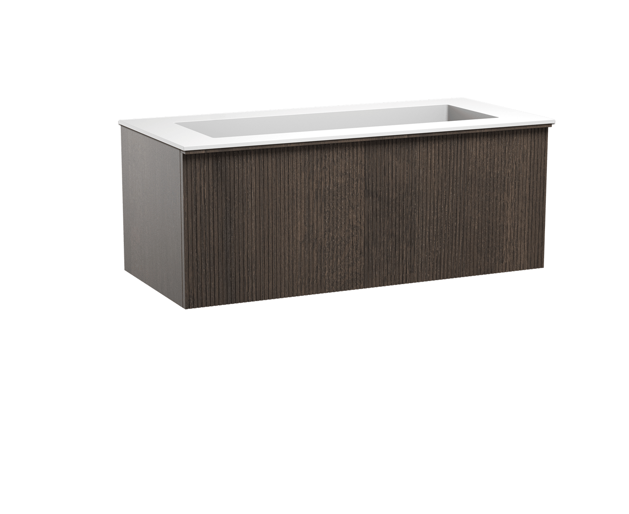 Balmani Forma hängendes Möbelstück Set: 120 x 55 cm, Geräucherte Eiche, mit Tablo Stretto Einzelwaschtisch für 2 Armaturenlöcher, Solid Surface, Weiß matt, Vertikale symmetrische gerade Rippe