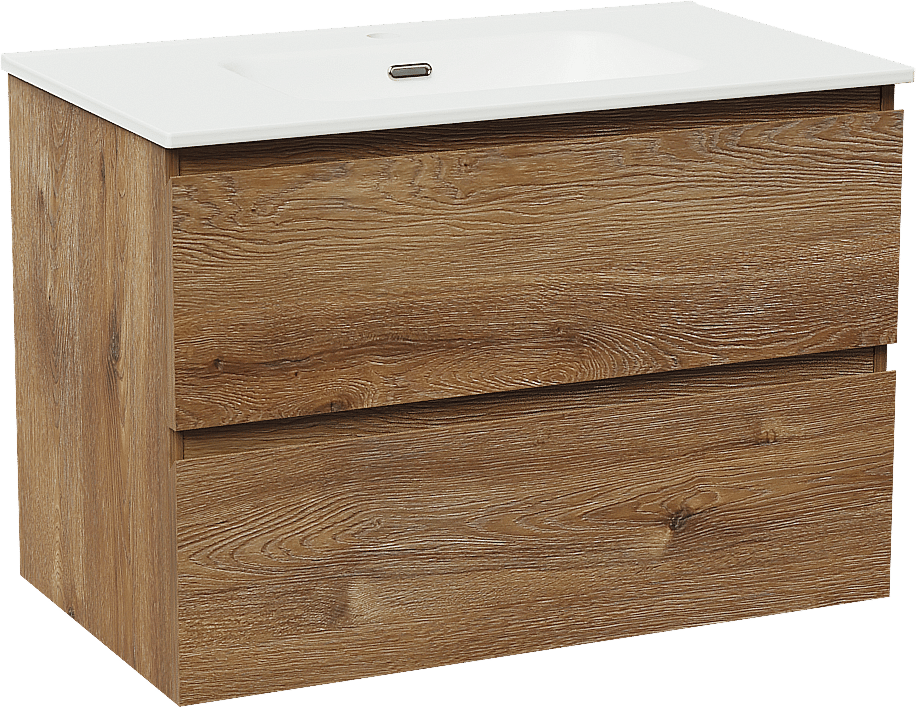 Linie Lado zwevend badmeubel 80 x 46 cm bruin eiken met Baro enkele wastafel in porselein mat wit