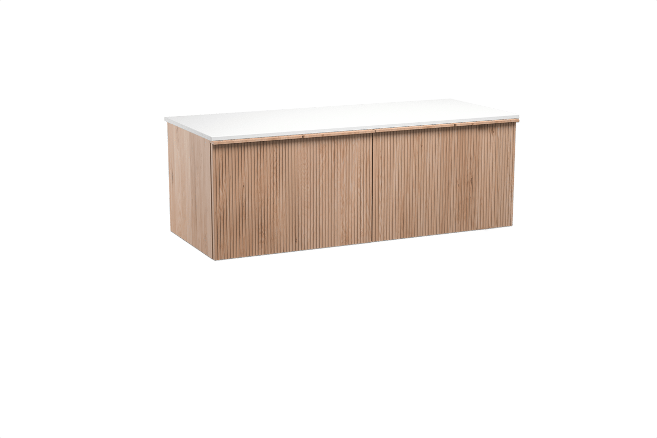 Balmani Forma hängendes Möbelstück Set: 135 x 55 cm, Naturbelassene Eiche, mit Stretto Einzel- oder Doppel Waschtischplatte, Solid Surface, Weiß matt, Vertikale symmetrische gerade Rippe