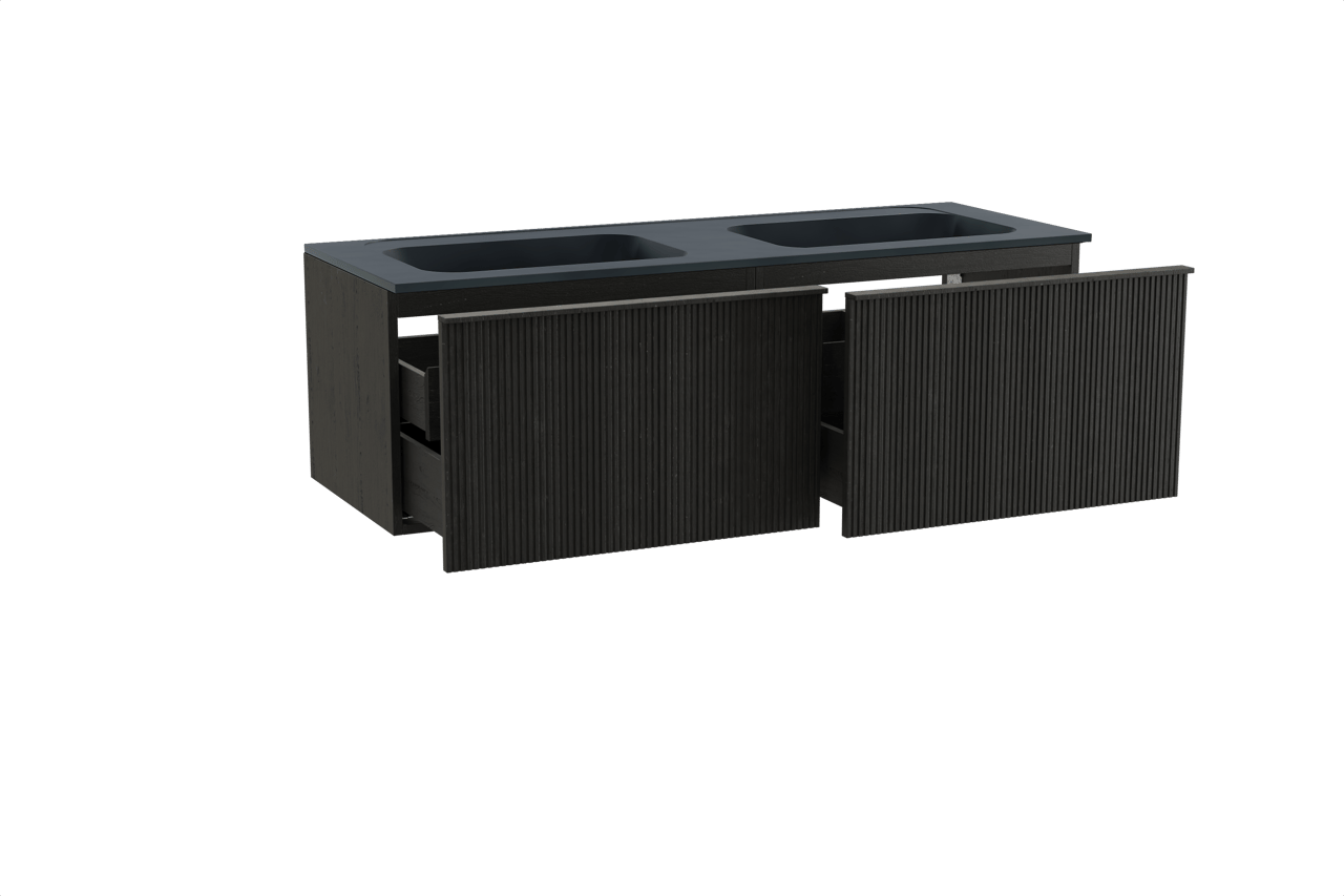 Balmani Forma zwevend badkamermeubel 150 x 55 cm zwarte eik met Tablo Strada dubbele wastafel in composietmarmer mat zwart, Verticale symmetrische rechte ribbel