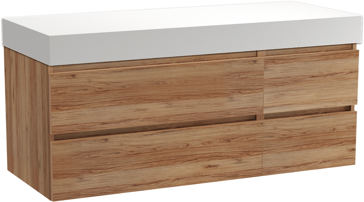 Balmani Lucida zwevend badkamermeubel 135 x 55 cm teak met Dominus enkel of dubbel tablet in solid surface mat wit