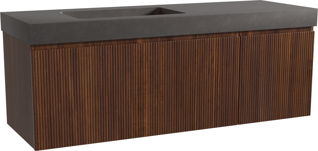 Storke Ribs zwevend badmeubel 150 x 52 cm notenhout met Scuro High asymmetrisch linkse wastafel in kwarts mat zwart, Verticale symmetrische rechte ribbel