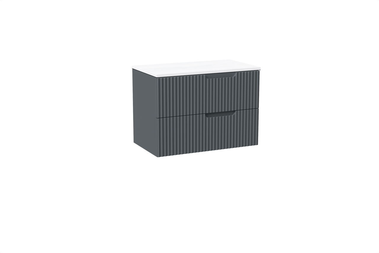 Linie Ribbo meuble salle de bains suspendu 80 x 46 cm bleu anthracite avec Lado tablette simple en marbre composite blanc mat, Nervure circulaire symétrique verticale