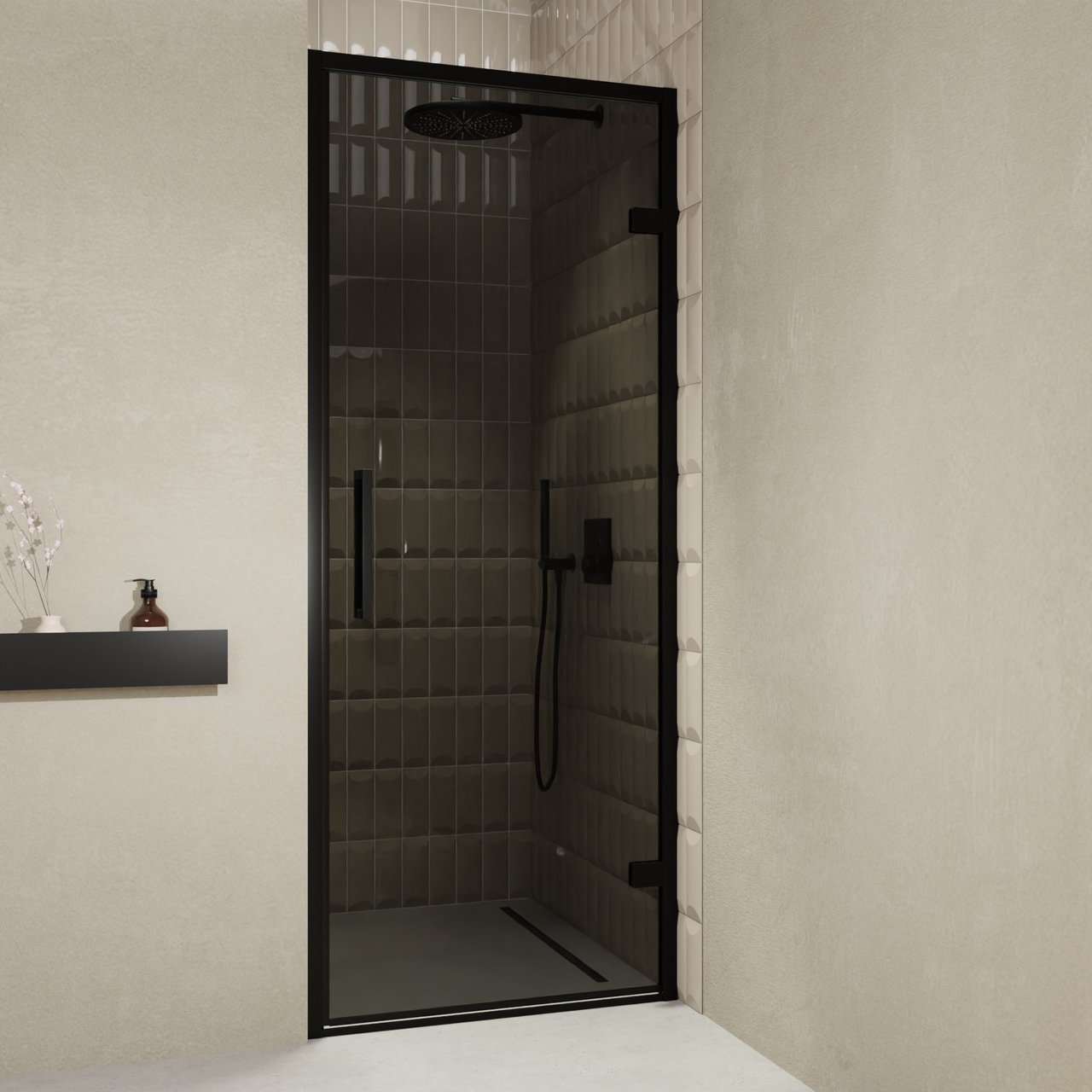 Balmani Senses Design douche draaideur rechts 90 cm x 210 cm Rookglas, Zwarte profielen