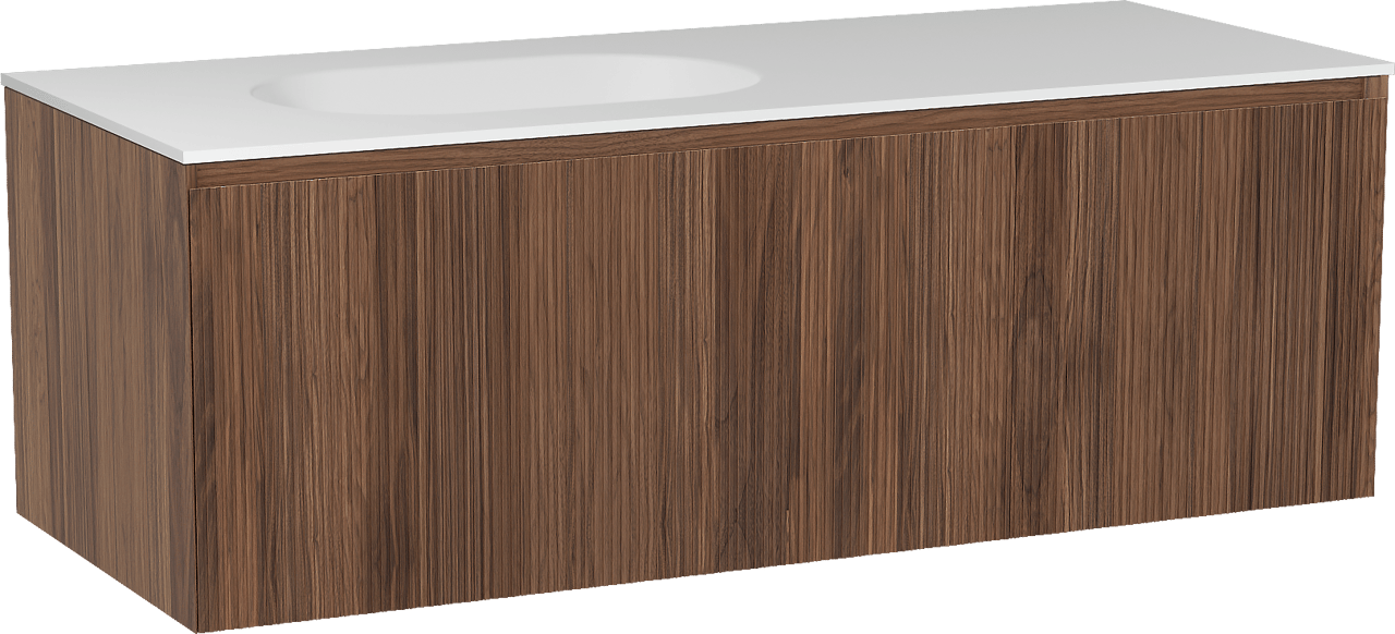 Balmani Fila meuble salle de bains suspendu 135 x 55 cm noyer avec Tablo Oval vasque asymétrique gauche en solid surface blanc mat, Nervure droite symétrique verticale