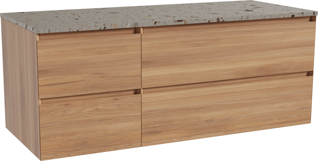 Balmani Mitra meuble salle de bains suspendu 135 x 55 cm teck avec Stretto tablette simple ou double en terrazzo greige terrazzo