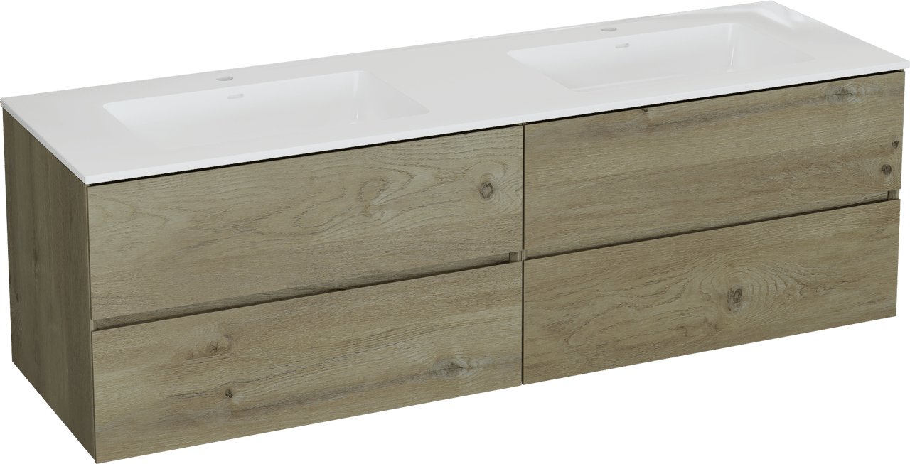 Storke Edge meuble salle de bains suspendu 170 x 52 cm chêne brut avec Bilia double vasque en marbre composite blanc brillant