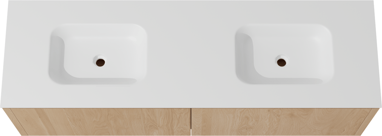 Balmani Eclips meuble salle de bains suspendu 180 x 55 cm Chêne naturelle avec Tablo Arcato double vasque en Solid Surface blanc mat