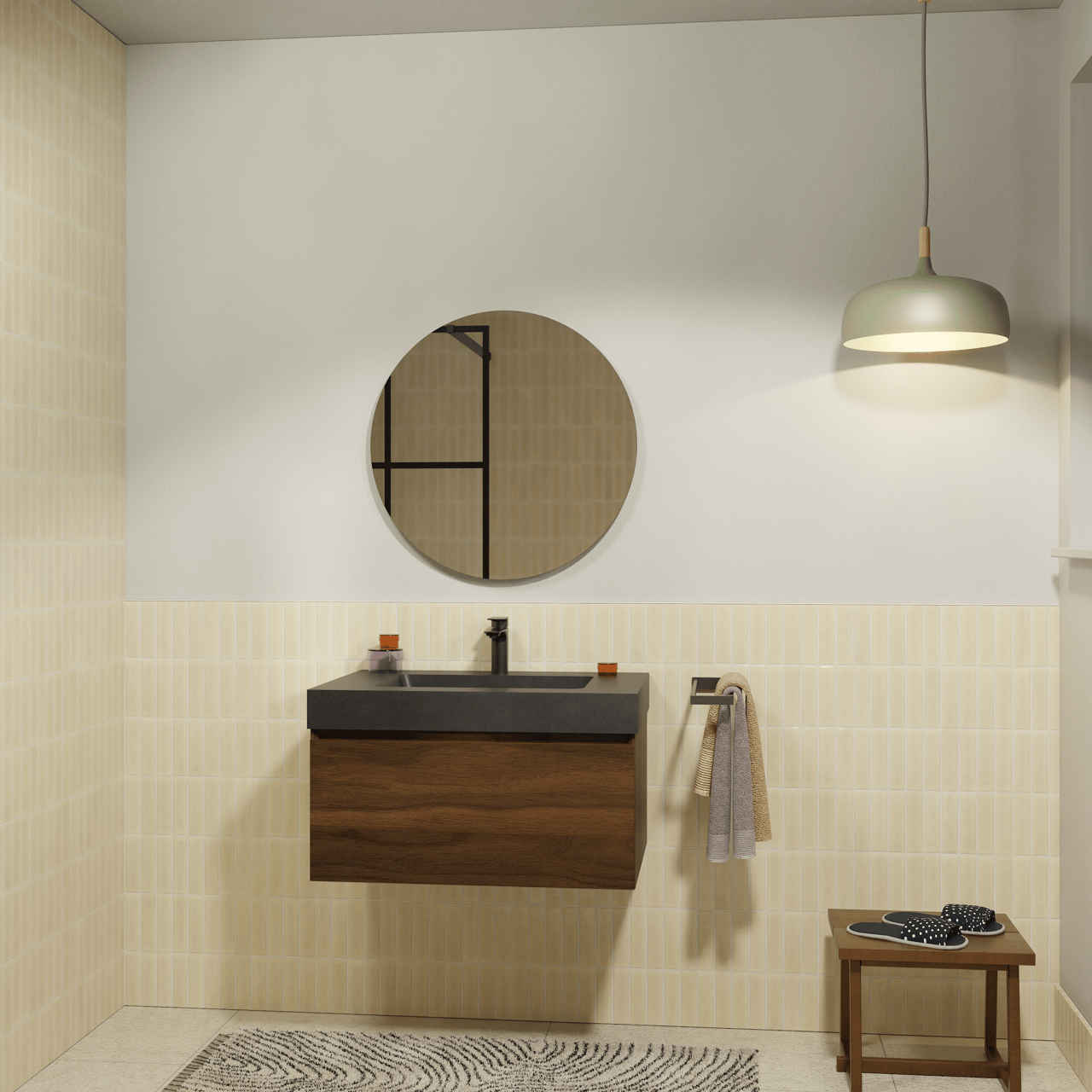 Storke Edge zwevend badmeubel 75 x 52 cm notenhout met Scuro High enkele wastafel in kwarts mat zwart en Soto badkamerspiegel