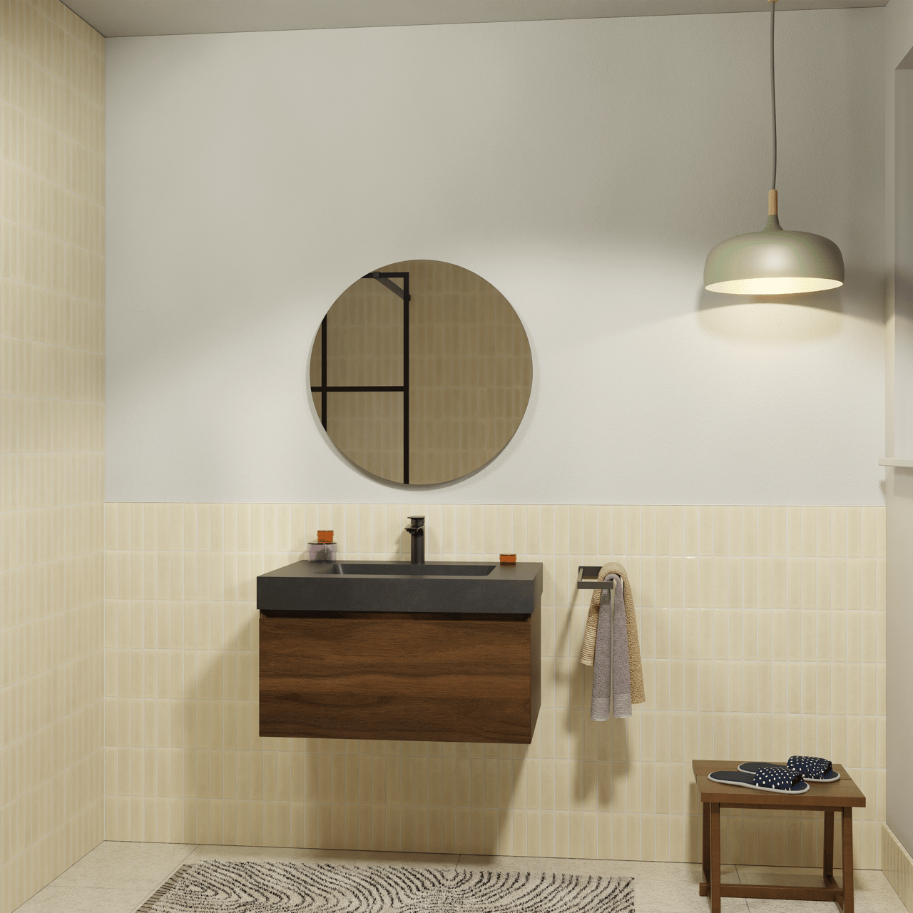 Storke Edge meuble salle de bains suspendu 75 x 52 cm noyer avec Scuro High plan simple en quartz noir mat et Soto miroir