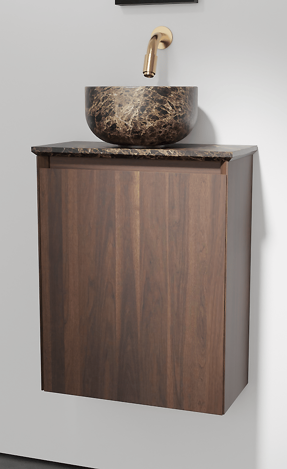 Balmani Mitra meuble wc suspendu 42 x 21 cm noyer américain avec Facetta tablette et Bowl vaque à poser en marbre Dark Emperador
