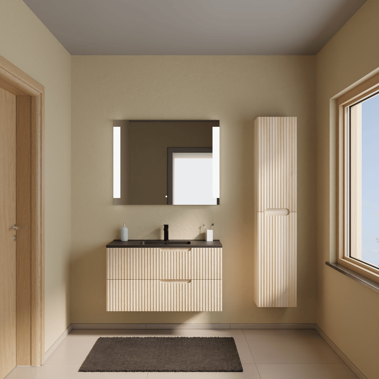 Linie Ribbo zwevend badmeubel 100 x 46 cm licht eiken met Vano enkele wastafel in composietmarmer mat zwart, Verticale symmetrische ronde ribbel