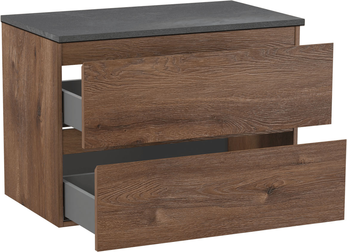 Linie Lado hängendes Möbelstück Set: 80 x 46 cm, Braune Eiche, mit Lado Einzel Waschtischplatte, Melamin Schiefergrau