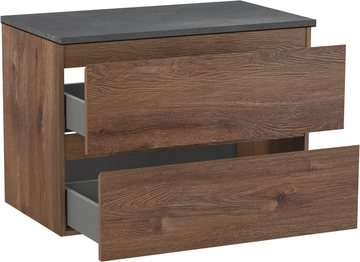 Linie Lado zwevend badkamermeubel 80 x 46 cm bruine eik met Lado enkel tablet in melamine leisteen grijs