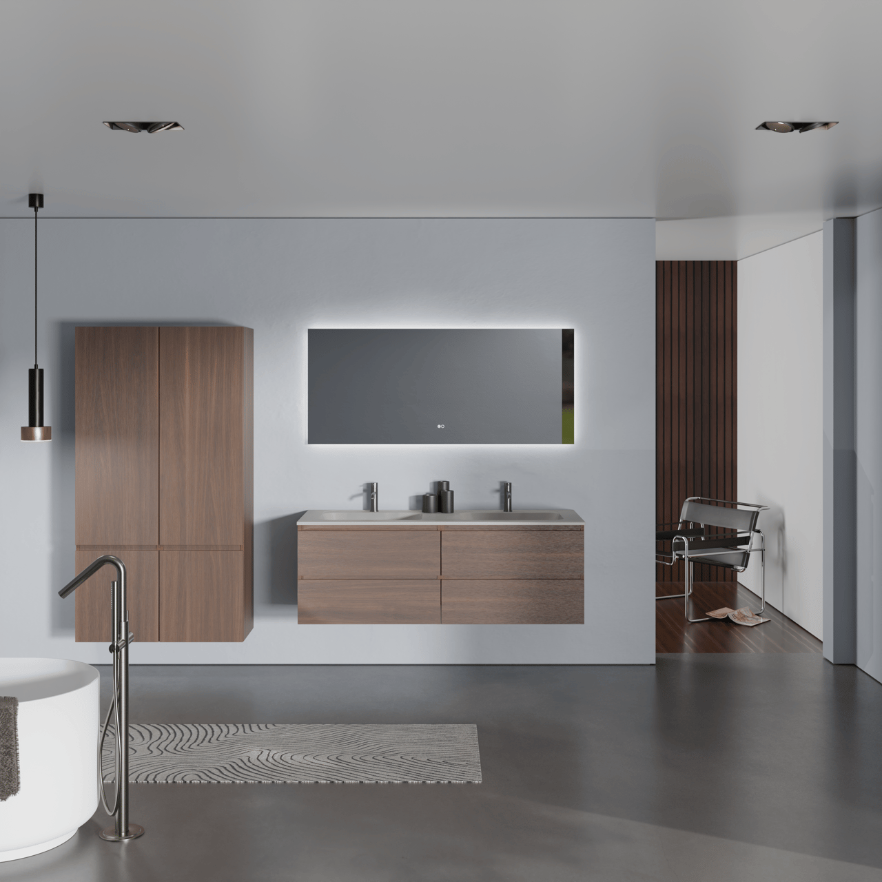 Balmani Lucida meuble salle de bains suspendu 150 x 55 cm noyer américain avec Tablo Strada double vasque en marbre composite soie grise