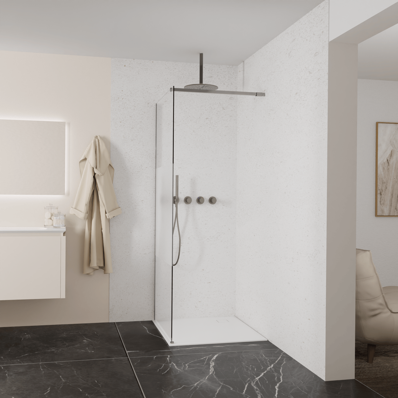 Balmani Modular Walk-In Dusche: 90 x 200 cm, Klarglas mit mattiertem Streifen, Profil Brushed GunMetal
