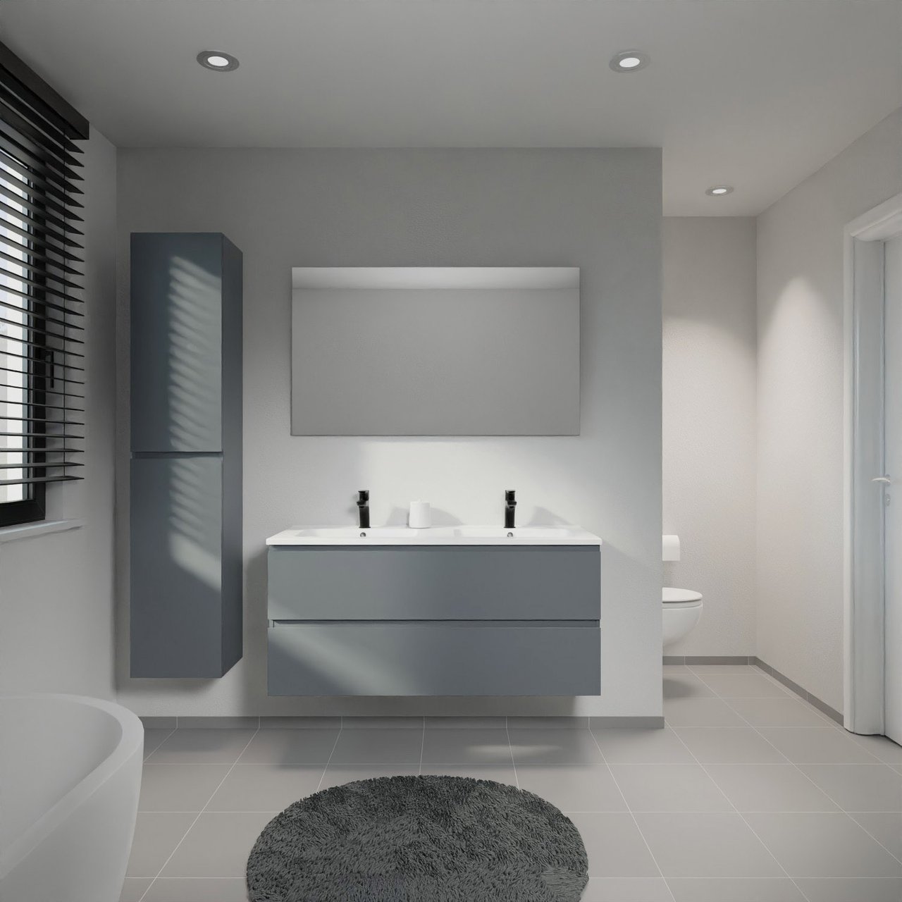 Linie Lado meuble salle de bains suspendu 120 x 46 cm bleu anthracite avec Vano double vasque en marbre composite blanc mat