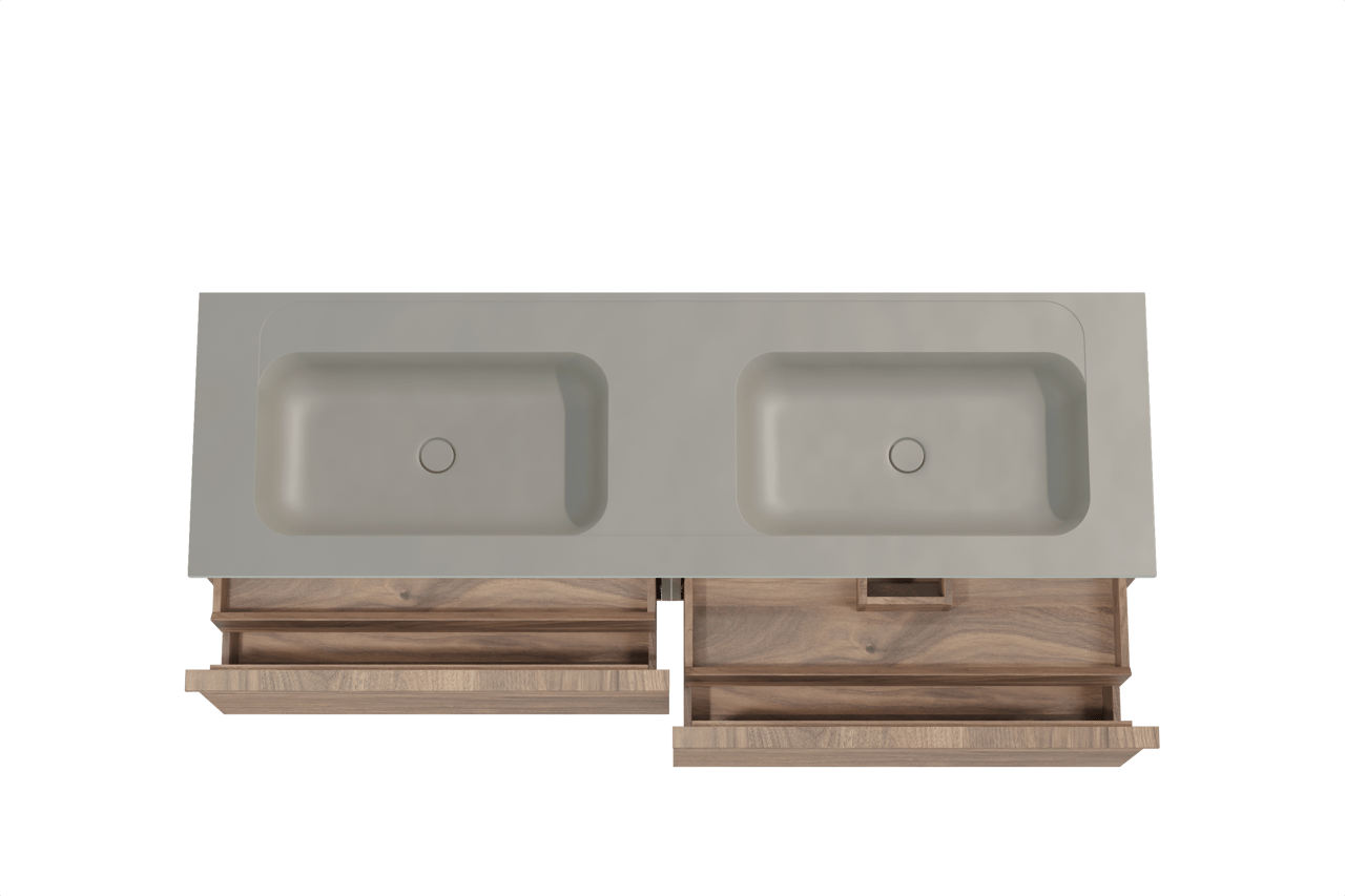 Balmani Forma zwevend badkamermeubel 180 x 55 cm amerikaanse notelaar met Tablo Strada dubbele wastafel in composietmarmer zijdegrijs, Horizontale symmetrische rechte ribbel