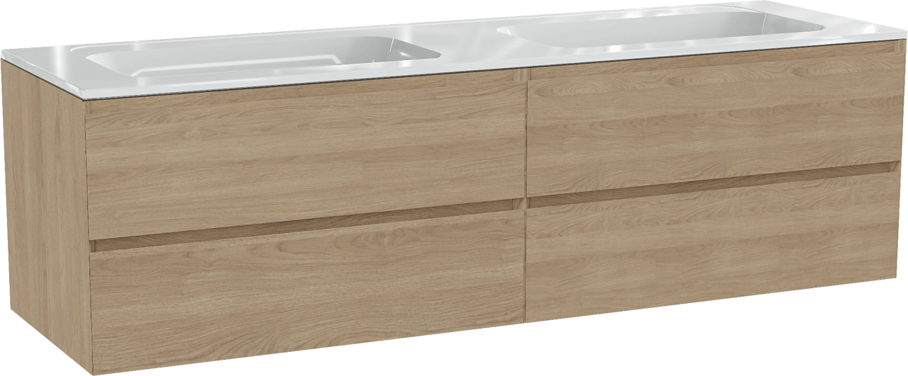 Balmani Mitra zwevend badmeubel 180 x 55 cm naturel eiken met Tablo Strada dubbele wastafel in composietmarmer hoogglans wit