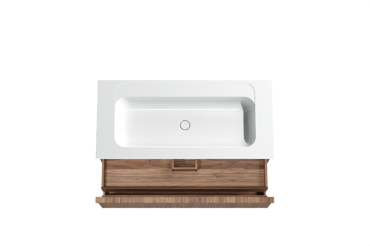 Balmani Forma hängendes Möbelstück Set: 120 x 55 cm, Amerikanischer Nussbaum, mit Tablo Strada Einzelwaschtisch, Marmorkomposit, Weiß glänzend, Vertikale asymmetrische Runde Rippe