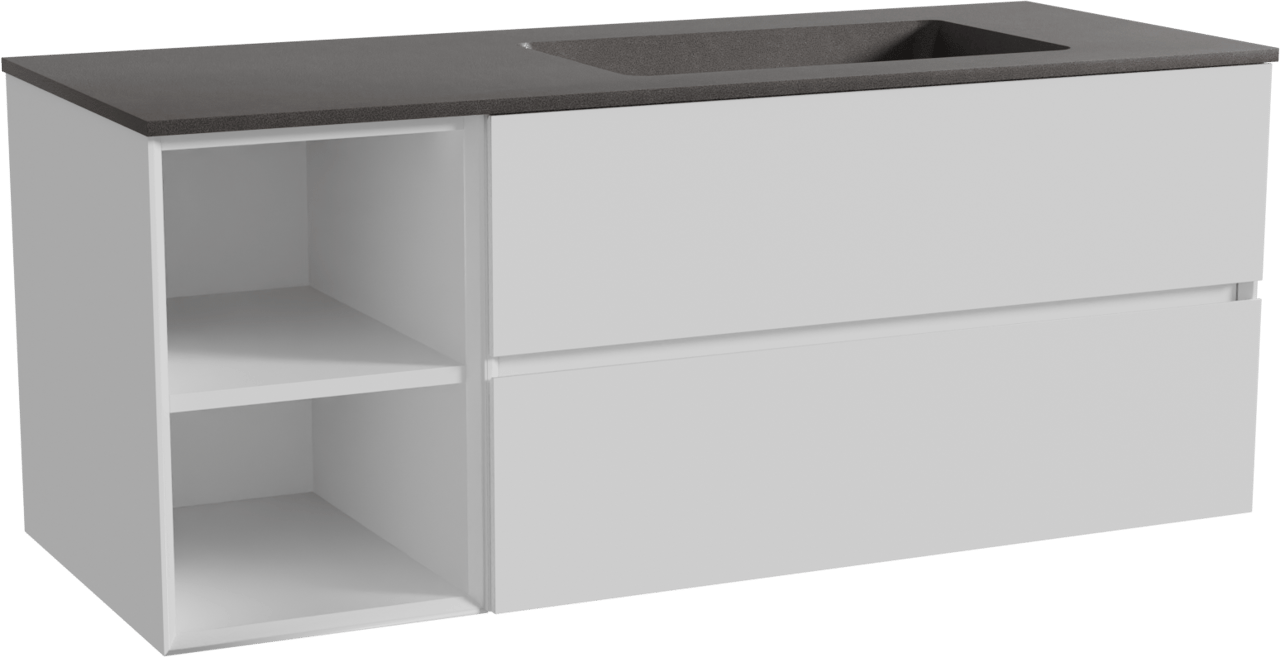 Storke Edge zwevend badmeubel 130 x 52 cm mat wit met Scuro asymmetrisch rechtse wastafel in kwarts mat zwart