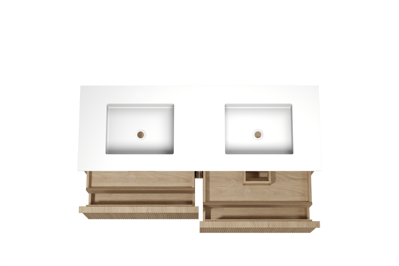 Balmani Forma zwevend badmeubel 150 x 55 cm naturel eiken met Tablo Stretto dubbele wastafel in solid surface mat wit, Verticale symmetrische rechte ribbel