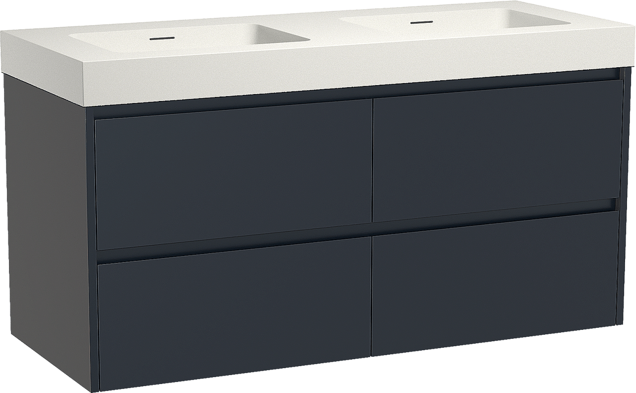 Storke Seda hängendes Möbelstück Set: 130 x 52 cm, Nachtblau, mit Mata High Doppelwaschtisch, Solid Surface Weiß matt